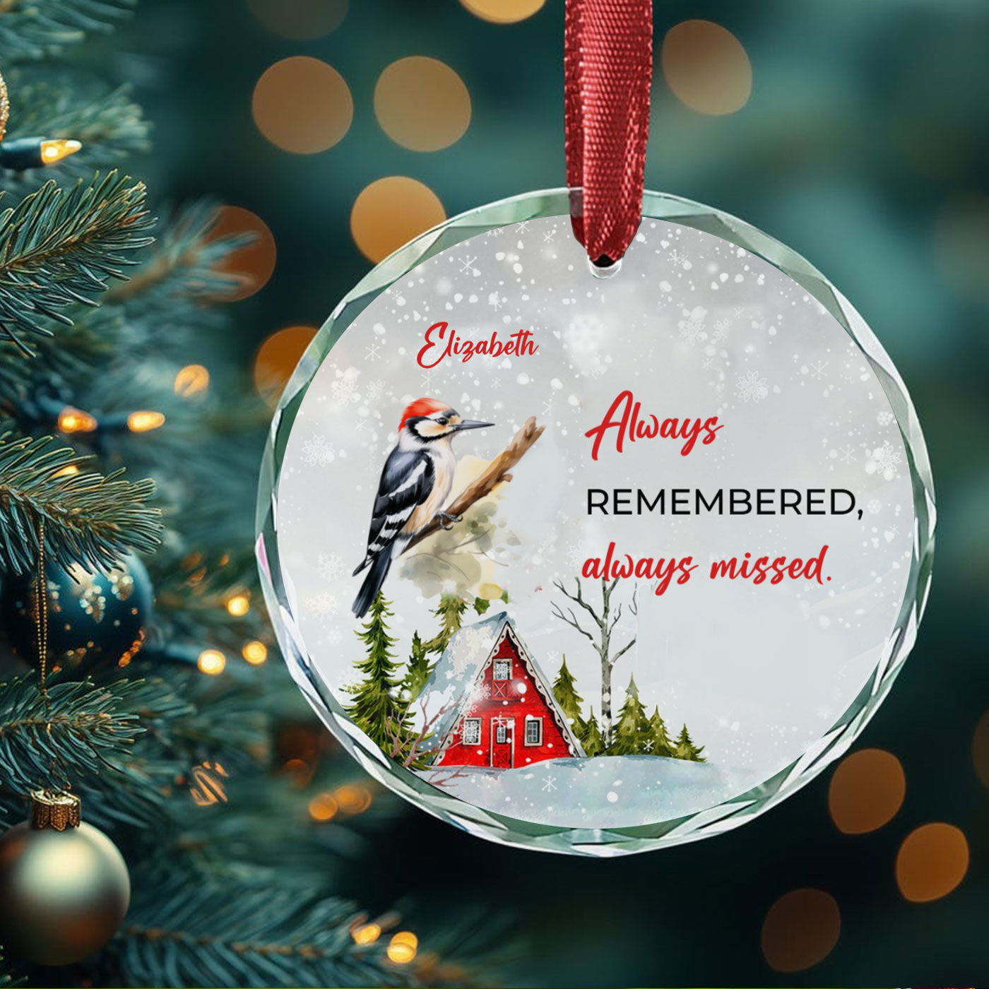 Elegant Winter Bird Christmas Ornament with Snowy Cottage | Customize Glass Ornament